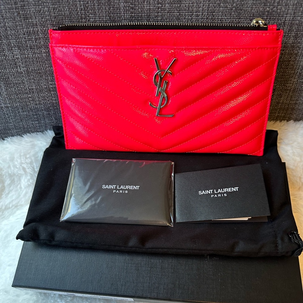 YSL Patent Grain De Poudre Matelasse Chevron Monogram Bill Pouch Neon Pink